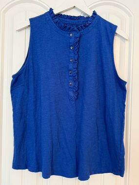 LOFT Sleeveless Ruffle Henley Tank - Bright Blue Size Large